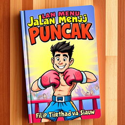 A vibrant and captivating book cover in a cartoon style, featuring a male boxer in an action pose, proudly wearing his boxing gloves