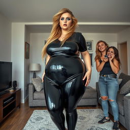 A full-length head-to-toe photograph of a sexy, beautiful girl with a thin face, featuring very thick, long, messy dirty blond hair, blue eyeshadow, and pink lipstick