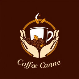 A logo design featuring a stylized coffee cup and hands in a dynamic pose, where the circle surrounding the cup is enlarged and colored gold