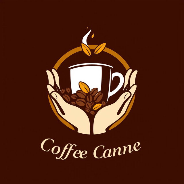 A logo design featuring a stylized coffee cup and hands in a dynamic pose, where the circle surrounding the cup is enlarged and colored gold