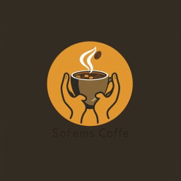 A logo design featuring a stylized coffee cup and hands in a dynamic pose, where the circle surrounding the cup is enlarged and colored gold