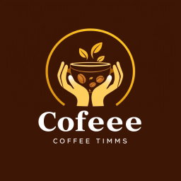 A logo design featuring a stylized coffee cup and hands in a dynamic pose, where the circle surrounding the cup is enlarged and colored gold