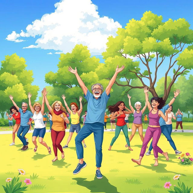 A vibrant and dynamic illustration depicting a group of people engaging in a lively Kagel exercise session in a park, showcasing individuals of various ages and backgrounds, performing different stretches and movements
