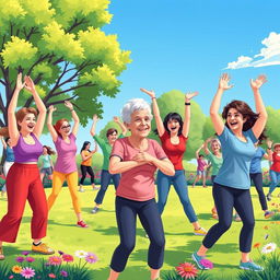 A vibrant and dynamic illustration depicting a group of people engaging in a lively Kagel exercise session in a park, showcasing individuals of various ages and backgrounds, performing different stretches and movements