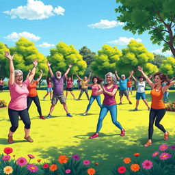 A vibrant and dynamic illustration depicting a group of people engaging in a lively Kagel exercise session in a park, showcasing individuals of various ages and backgrounds, performing different stretches and movements