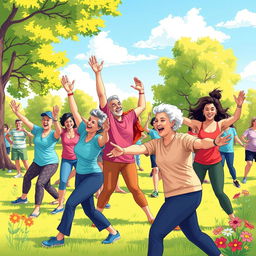 A vibrant and dynamic illustration depicting a group of people engaging in a lively Kagel exercise session in a park, showcasing individuals of various ages and backgrounds, performing different stretches and movements