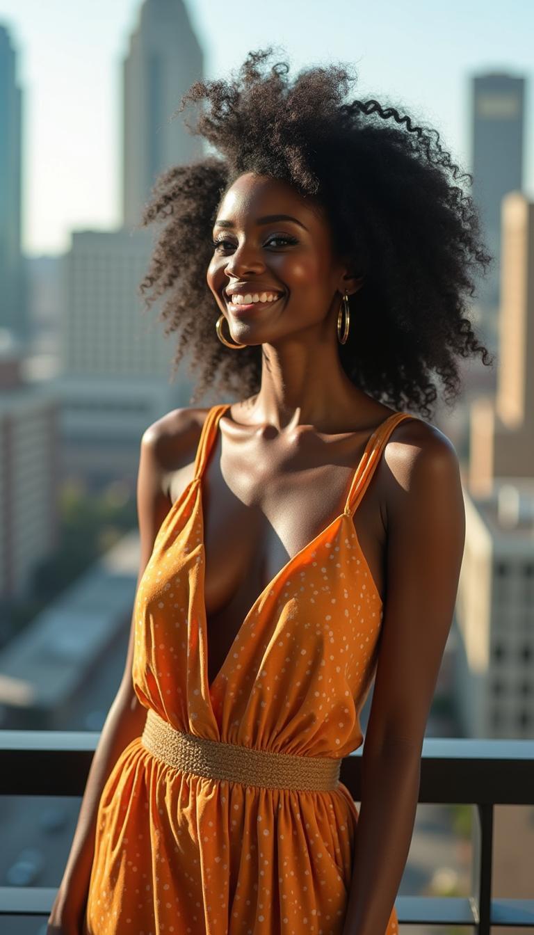 A stunning African American model from Atlanta, showcasing her beauty and elegance in a glamorous fashion setting