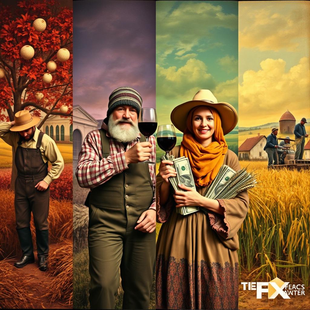 A stunning reinterpretation of Jean-François Millet's iconic painting 'The Gleaners', transformed into a vibrant, seasonal tableau depicting the four seasons: spring, summer, autumn, and winter, transitioning from left to right