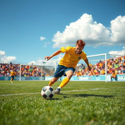 A vibrant and energetic soccer scene featuring a player in a yellow jersey, passionately dribbling the ball on a lush green field