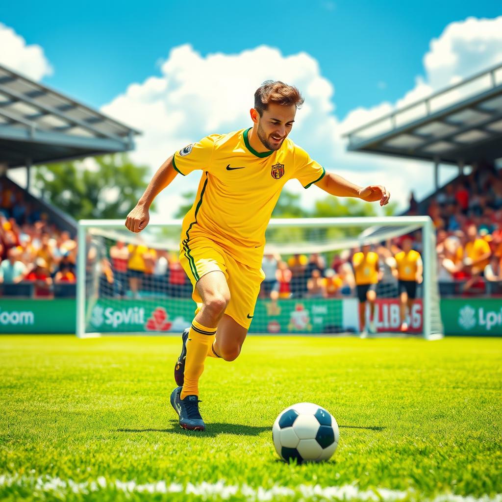 A vibrant and energetic soccer scene featuring a player in a yellow jersey, passionately dribbling the ball on a lush green field