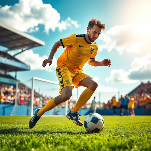 A vibrant and energetic soccer scene featuring a player in a yellow jersey, passionately dribbling the ball on a lush green field