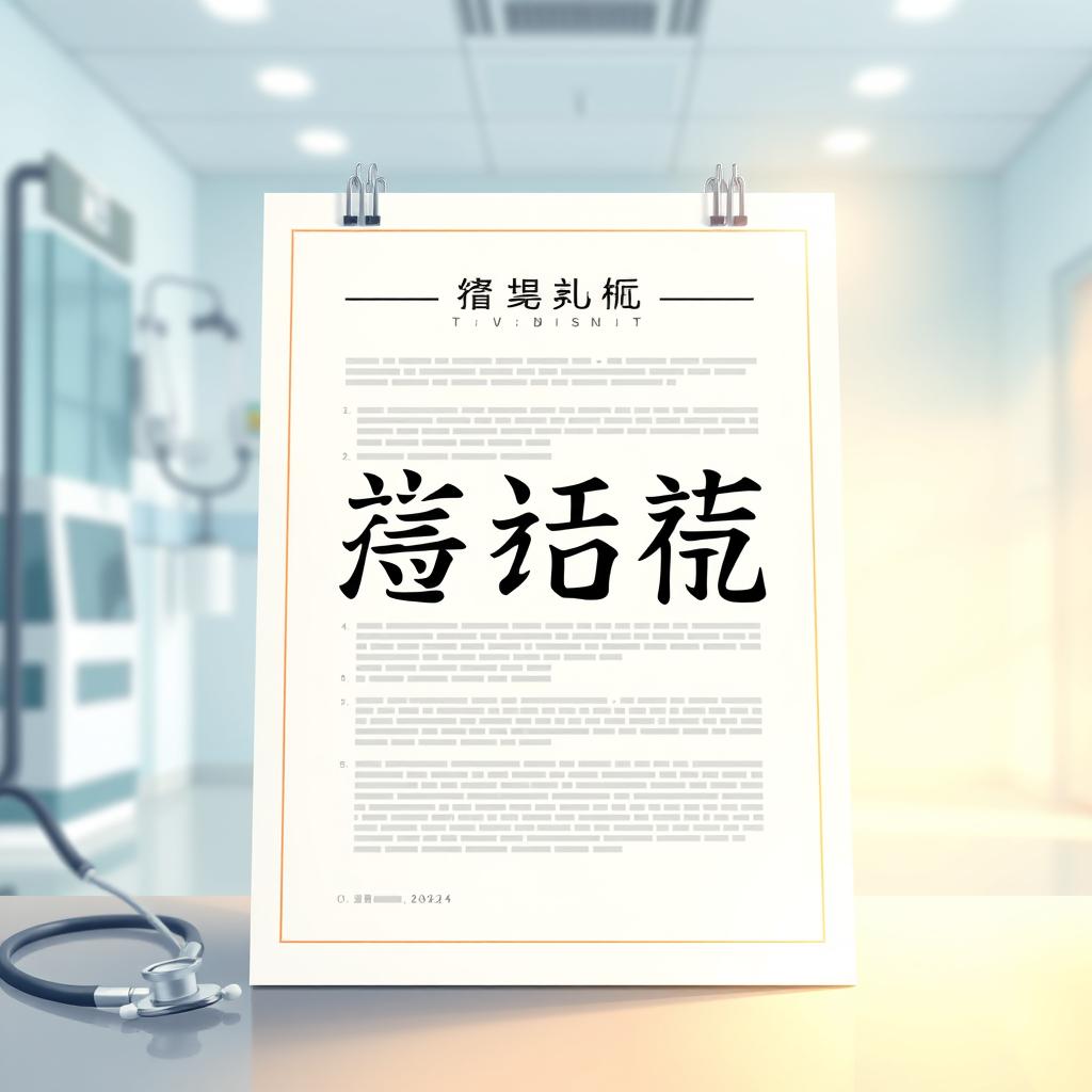 A highly detailed digital illustration featuring a beautifully designed document with the Japanese words 医療施設管理,登録申請書 prominently displayed in an elegant font
