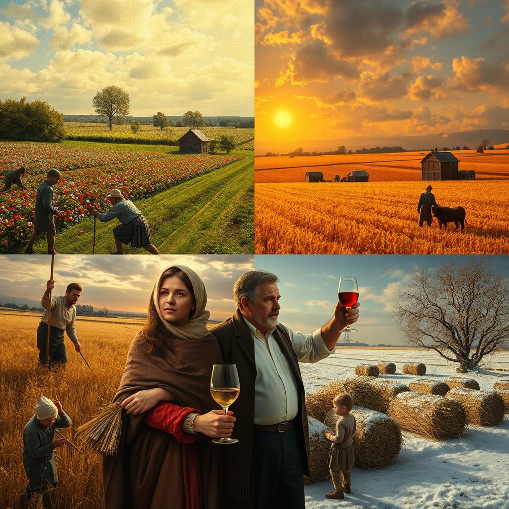A reimagined version of Jean-François Millet's 'The Gleaners', showcasing the hard work of farmers across the four seasons: spring, summer, autumn, and winter