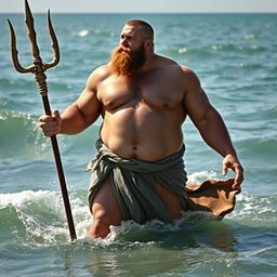 A full-grown, muscular man with a powerful and bearded appearance, standing waist-deep in the sea