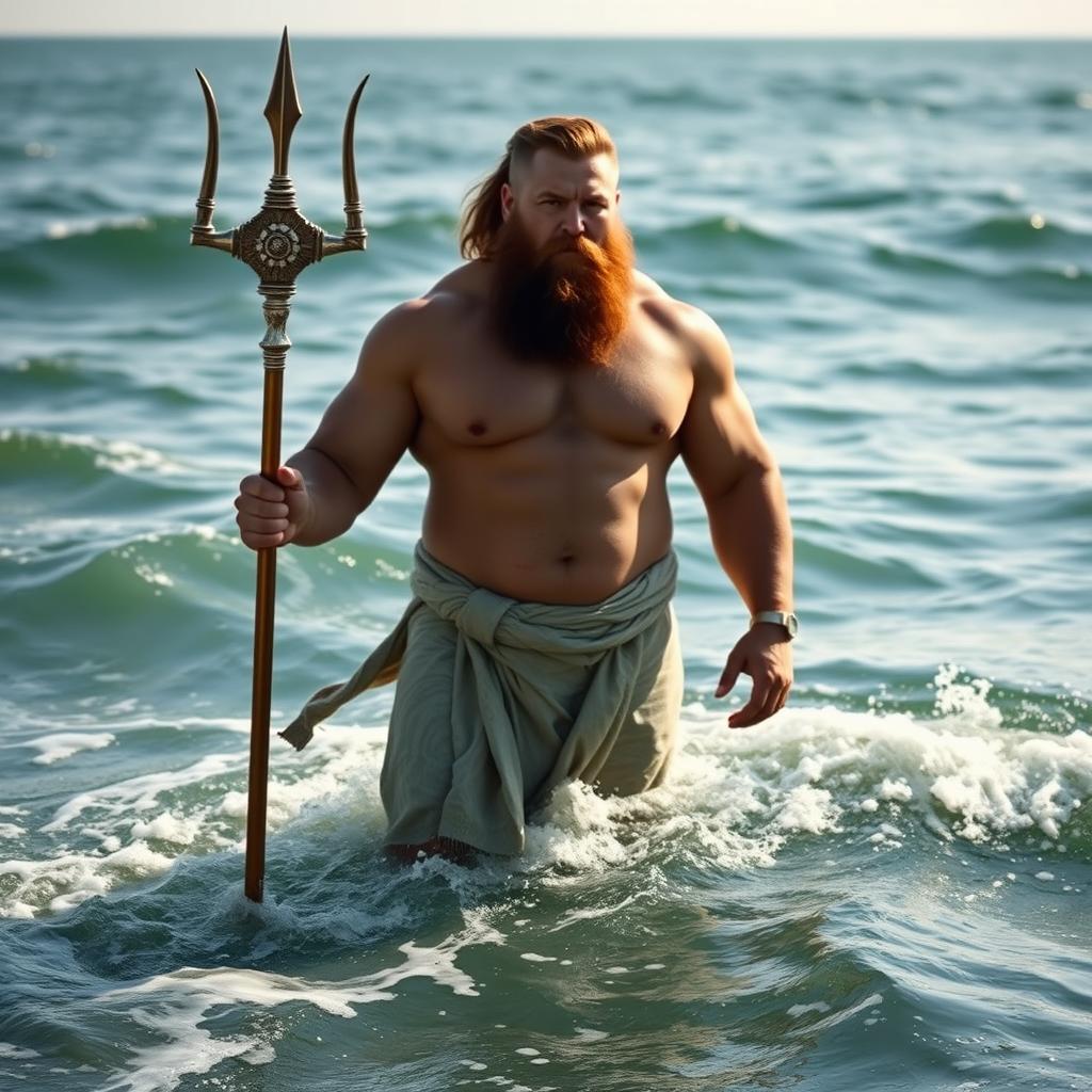 A full-grown, muscular man with a powerful and bearded appearance, standing waist-deep in the sea