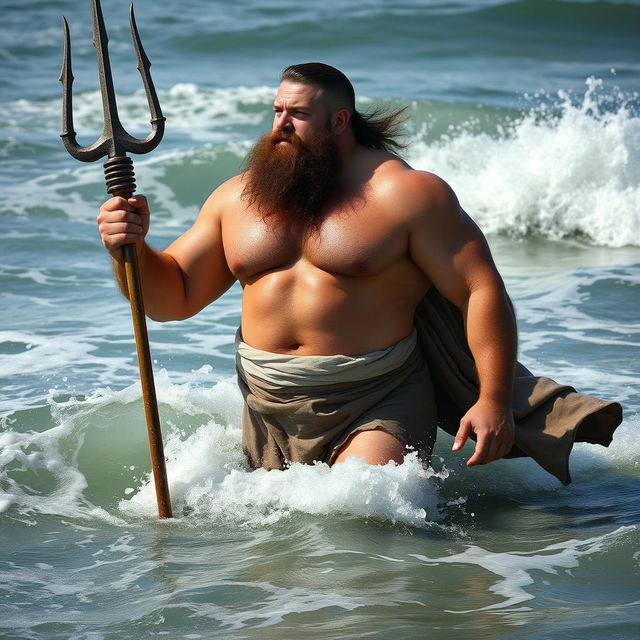 A full-grown, muscular man with a powerful and bearded appearance, standing waist-deep in the sea