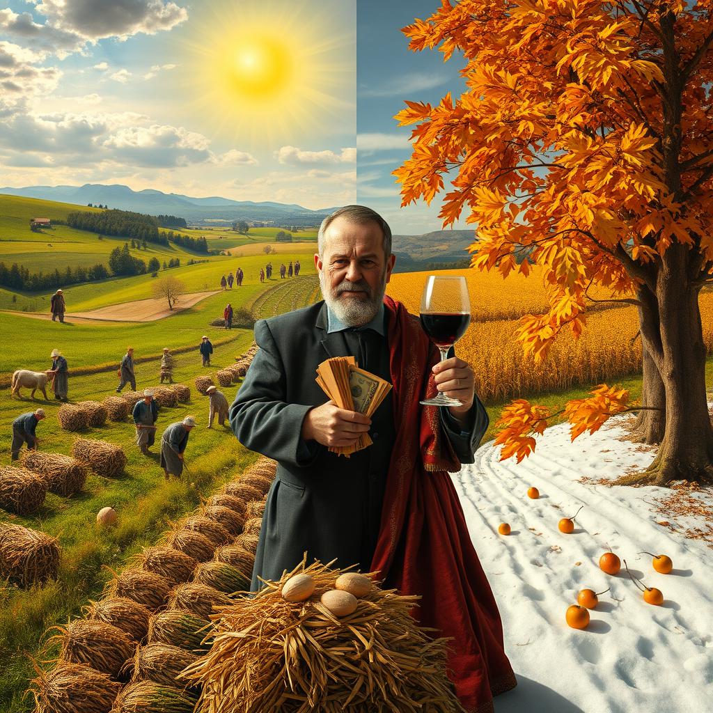 A stunning, realistic depiction inspired by Jean-François Millet's 'The Gleaners', featuring a landscape that transitions through the four seasons from left to right: spring with budding flowers and green fields, summer with bright sun overhead and lush crops, autumn with golden leaves and harvested fruits, and winter with a serene blanket of snow