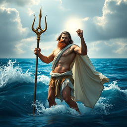 A bearded and powerful Greek male god, standing majestically in the sea at waist height