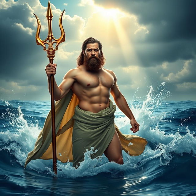A bearded and powerful Greek male god, standing majestically in the sea at waist height