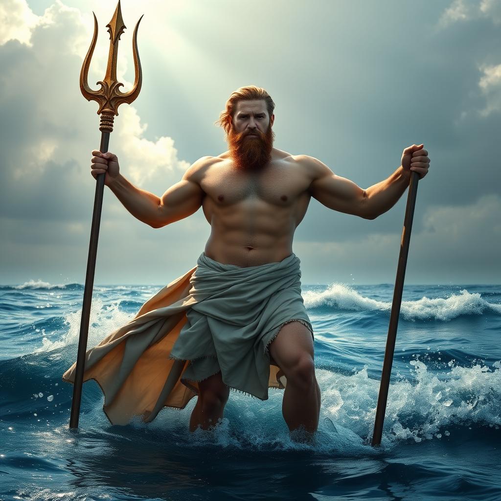 A bearded and powerful Greek male god, standing majestically in the sea at waist height