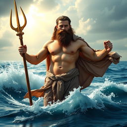 A bearded and powerful Greek male god, standing majestically in the sea at waist height