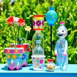 A vibrant and creative display of crafts made from recycled plastic bottles