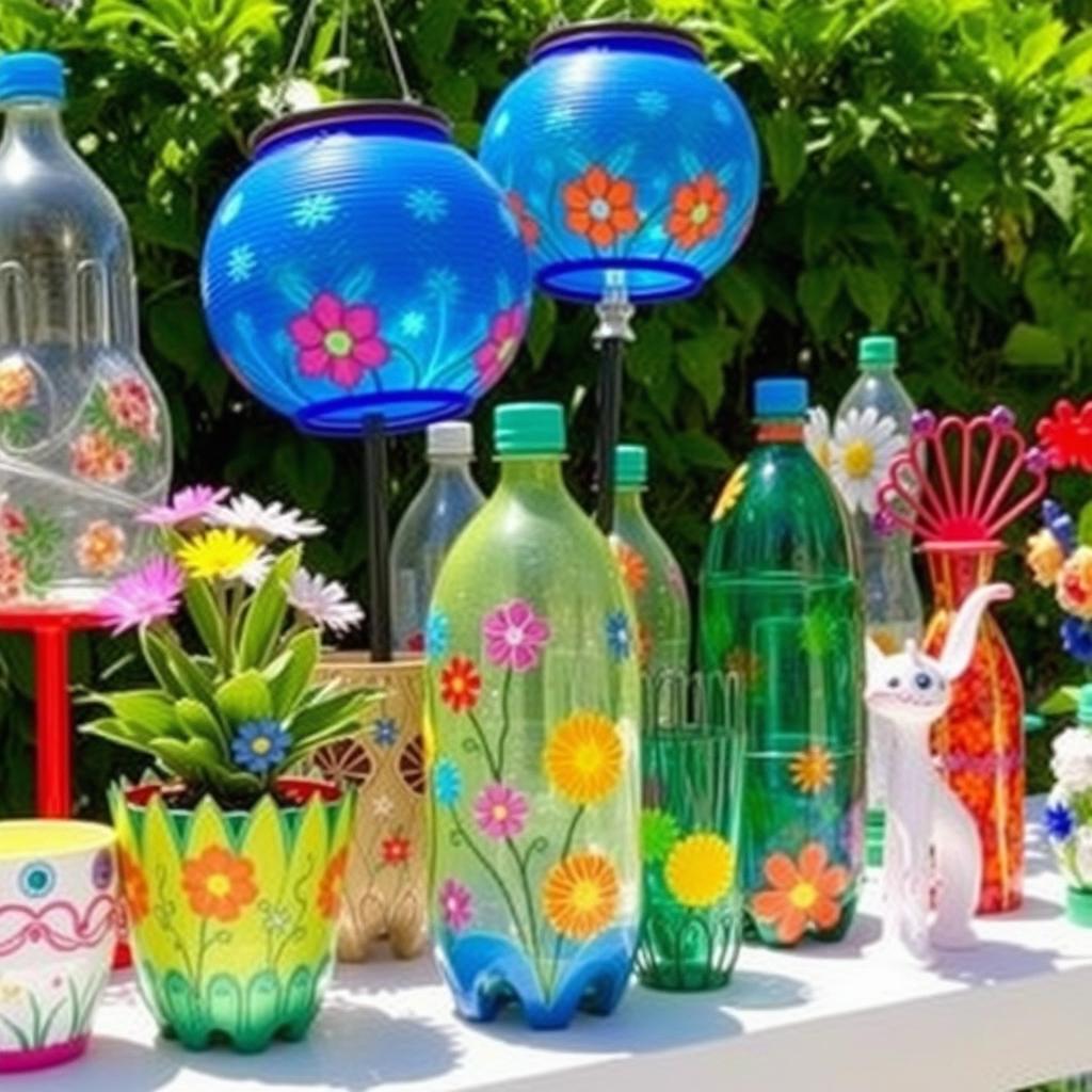 A vibrant and creative display of crafts made from recycled plastic bottles