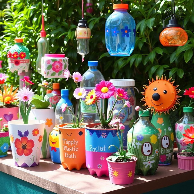 A vibrant and creative display of crafts made from recycled plastic bottles
