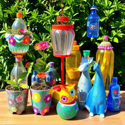 A vibrant and creative display of crafts made from recycled plastic bottles