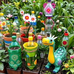 A stunning array of crafts made from recycled plastic bottles, showcasing inventive designs
