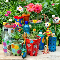 A stunning array of crafts made from recycled plastic bottles, showcasing inventive designs