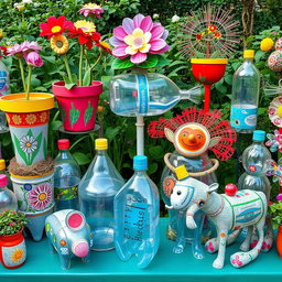 A stunning array of crafts made from recycled plastic bottles, showcasing inventive designs