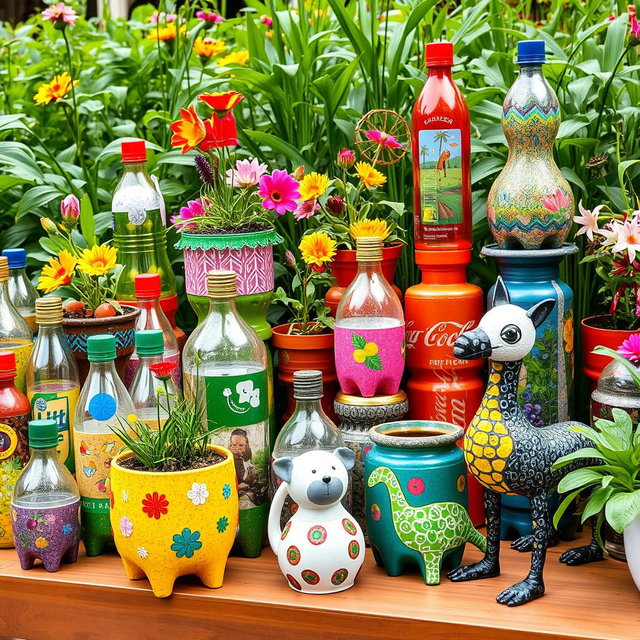 A stunning array of crafts made from recycled plastic bottles, showcasing inventive designs