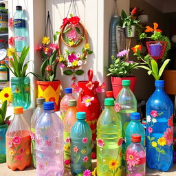 Artistic display of various creative crafts made from recycled plastic bottles, including colorful planters, decorative wall hangings, and innovative storage solutions