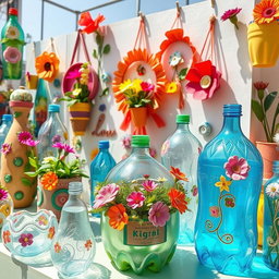 Artistic display of various creative crafts made from recycled plastic bottles, including colorful planters, decorative wall hangings, and innovative storage solutions