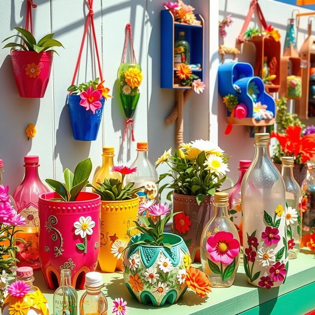 Artistic display of various creative crafts made from recycled plastic bottles, including colorful planters, decorative wall hangings, and innovative storage solutions