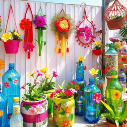 Artistic display of various creative crafts made from recycled plastic bottles, including colorful planters, decorative wall hangings, and innovative storage solutions