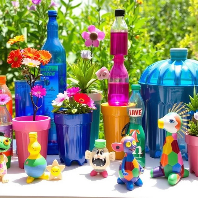 An artistic display of crafts made from recycled plastic bottles, highlighting innovative and eco-friendly designs