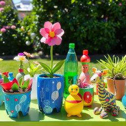 An artistic display of crafts made from recycled plastic bottles, highlighting innovative and eco-friendly designs