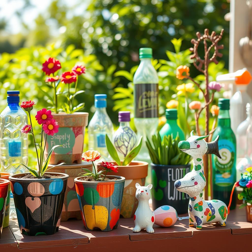 An artistic display of crafts made from recycled plastic bottles, highlighting innovative and eco-friendly designs