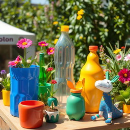 An artistic display of crafts made from recycled plastic bottles, highlighting innovative and eco-friendly designs