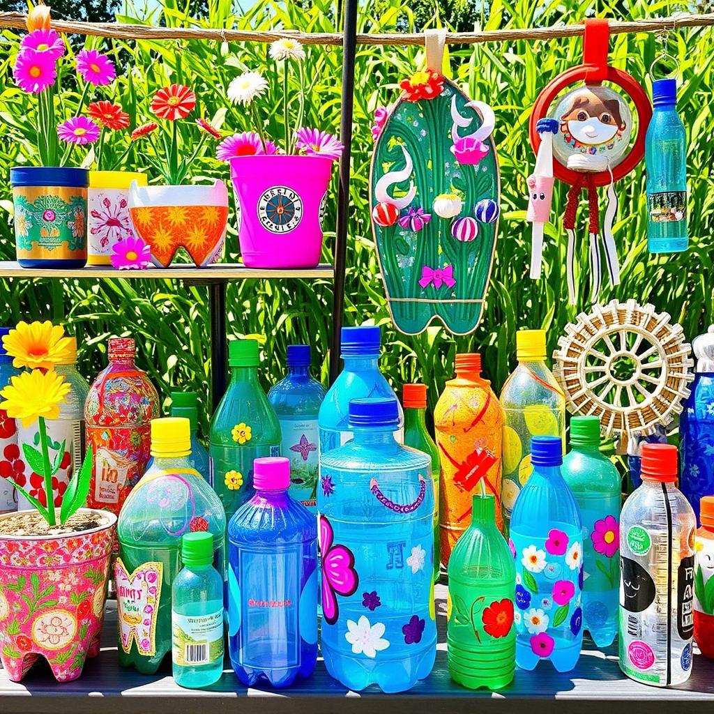 A diverse and imaginative collection of crafts made from recycled plastic bottles, showcasing creative artistry