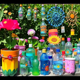A diverse and imaginative collection of crafts made from recycled plastic bottles, showcasing creative artistry