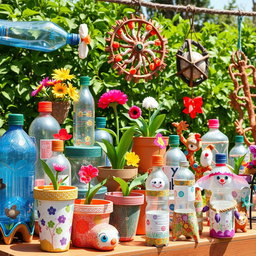 A diverse and imaginative collection of crafts made from recycled plastic bottles, showcasing creative artistry