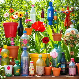 A diverse and imaginative collection of crafts made from recycled plastic bottles, showcasing creative artistry