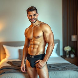 A handsome male model posing confidently in stylish underwear, showcasing a well-defined physique and a charming smile