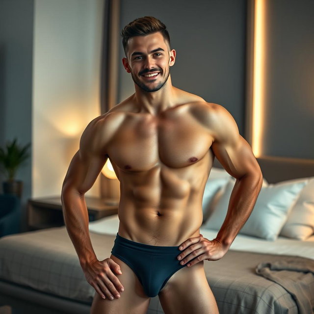 A handsome male model posing confidently in stylish underwear, showcasing a well-defined physique and a charming smile