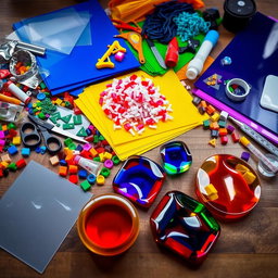 An intricate display of various plastic crafting supplies, including vibrant colored plastic sheets, assorted shapes of plastic beads, a variety of crafting tools like scissors, glue, and tiny measuring tapes, all arranged artistically on a wooden table
