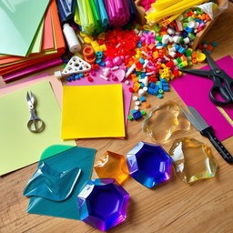 An intricate display of various plastic crafting supplies, including vibrant colored plastic sheets, assorted shapes of plastic beads, a variety of crafting tools like scissors, glue, and tiny measuring tapes, all arranged artistically on a wooden table