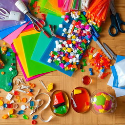 An intricate display of various plastic crafting supplies, including vibrant colored plastic sheets, assorted shapes of plastic beads, a variety of crafting tools like scissors, glue, and tiny measuring tapes, all arranged artistically on a wooden table